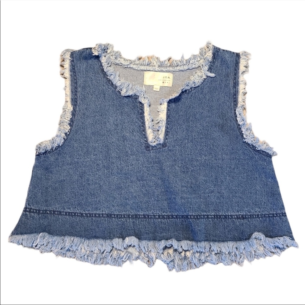 JOA Frayed Medium Wash Denim Cropped Tank sz XS